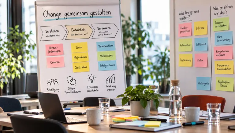 Whiteboard mit Change-Prozess „Wandel gemeinsam gestalten“